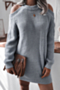 autumn hollow out three colors simple loose knitted round neck stretch mini dress_Sky Blue_Pink_Gray