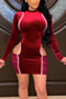 long sleeve plus size early autumn hollow out velvet stitching mesh sexy stretch mini dress_Black_Rose Red