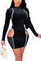 long sleeve plus size early autumn hollow out velvet stitching mesh sexy stretch mini dress_Black