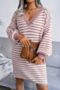 autumn new striped sweater knitted casual loose v-neck mini dress (without belt)_Pink