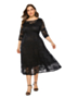 xl-6xl autumn new ten colors see through lace micro-elastic three-quarter sleeves pockets stylish loose midi dress with lining_Black
