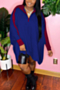 autumn new simple plus size zip-up stretch contrast color loose casual midi dress_Black_Blue