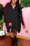 autumn new simple plus size zip-up stretch contrast color loose casual midi dress_Black