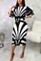 summer new stylish plus size stretch zip-up contrast color batch printing casual midi dress_White