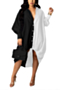 l-3xl autumn new contrast color spliced inelastic drawstring casual loose midi shirtdress_Black