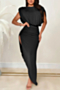 summer new stylish high slit pure color pleated 4-colors plus size micro-elastic maxi dress_Black