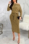 autumn new stylish solid color stretch 5 colors plus size slim casual midi dress(with belt)_Black_Rose Red_Brown_Yellow