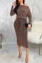 autumn new stylish solid color stretch 5 colors plus size slim casual midi dress(with belt)_Black_Rose Red_Brown