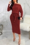 autumn new stylish solid color stretch 5 colors plus size slim casual midi dress(with belt)_Black_Rose Red