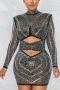 early autumn new stylish shoulder pad rhinestone mesh see-through zip-up plus size stretch hollow slim sexy mini dress_Black