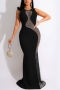spring new stylish rhinestone mesh patchwork contrast color see-through backless zip-up plus size stretch sexy maxi dress_Black