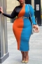 s-5xl plus size spring new stylish patchwork contrast color slim zip-up casual midi dress_Blue