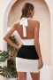 summer four colors contrast color knitted stretch halter-neck sexy adorable bodycon mini dress_Black