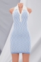 spring & summer orange halter-neck button woolen weaving stripe batch printing slim stretch sexy mini dress(new add colors)_Sky Blue