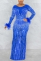 spring new stylish solid color rhinestone mesh see-through plus size stretch feather sexy maxi dress_Black_Red_Blue