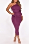 spring new stylish simple solid color 7 colors plus size one shoulder pleated stretch slim with belt casual midi dress_Black_Purple