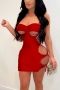 summer new plus size solid color orange rhinestone decor stretch adjustable straps hollow sexy bodycon mini dress_Red