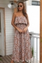 summer new stylish simple floral batch printing inelastic strapless loose casual maxi dress_Sky Blue_Brown