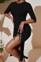 spring new stylish simple solid color stretch slim high slit shirring elbow sleeves sexy midi dress_Black