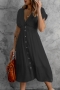 summer new stylish simple solid color 7-colors single-breasted inelastic plus size v-neck casual midi dress_Black