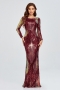 new stylish sequin stretch with padded zip-up backless plus size long sleeve elegant maxi evening dress(with lining)_Dark Green_Rose Red