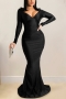 spring new plus size solid color micro-elastic satin v-neck backless tied sexy maxi dress_Black