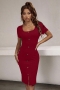 summer new stylish solid color stretch single-breasted square neckline split slim casual midi dress_Black_Rose Red