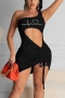 s-2xl summer new plus size 4 colors fixed printing stretch one shoulder hollow drawstring sexy mini dress_Black