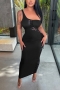 plus size summer sexy three colors micro-elastic one shoulder ripped design drawstring tight maxi dress_Black