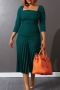 s-3xl spring plus size 4 colors solid color micro-elastic square-neck backless three quarter sleeves zip-up pleated stylish midi dress_Dark Green