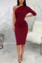 s-2xl plus size summer new stylish 3 colors stretch one-shoulder shirring slim sexy midi dress_Black_Rose Red