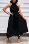 summer new 4 colors solid color inelastic chiffon double-layer design sleeveless pleated stylish midi dress with belt_Black