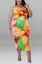 xl-5xl summer new plus size three colors tie-dye stretch sling hollow lace-up sexy midi dress_Purple_Multicolor_Green