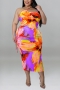 xl-5xl summer new plus size three colors tie-dye stretch sling hollow lace-up sexy midi dress_Purple