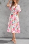 s-2xl plus size summer new inelastic flower batch printing v-neck short sleeves with belt casual midi dress_Black_White
