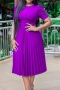 s-3xl summer new plus size 5 colors solid color micro-elastic zip-up back pleated stylish casual midi dress_Purple