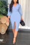 summer new 3 colors solid v-neck three-quarter sleeves slit stretch inelastic casual midi dress_Black_Purple_Sky Blue