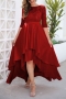 s-3xl summer new plus size two colors see through lace patchwork micro-elastic elbow sleeves sequin decor zip-up floor length irregular elegant high quality maxi dress_Red