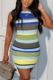 summer new stylish 4 colors stretch stripe printing sleeveless round neck ribbed knit slim sexy mini dress_Blue