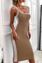 summer new three colors ribbed knit patchwork low-cut double straps sexy bodycon midi dress_Black_Light Green_Khaki 