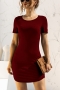 summer new  5 colors solid color stretch short sleeve crew neck slim stylish mini dress_Black_Dark Green_Rose Red