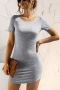 summer new 3 colors solid color stretch short sleeve crew neck slim classic stylish mini dress_Blue_Gray