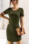 summer new 3 colors solid color stretch short sleeve crew neck slim classic stylish mini dress_Blue_Gray_Green