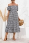 summer new plus size 5 colors checked batch printing stretch off shoulder smocked ruffled decor stylish midi dress_Black