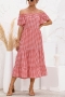 summer new plus size 5 colors checked batch printing stretch off shoulder smocked ruffled decor stylish midi dress_Black_Red