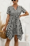 summer new 3 colors checked batch printing inelastic v-neck tie-waist irregular stylish holiday midi dress_Black