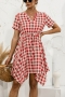 summer new 3 colors checked batch printing inelastic v-neck tie-waist irregular stylish holiday midi dress_Black_Red