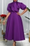 s-3xl summer new plus size 4 colors solid color micro-elastic knotbow puff-sleeve zip-up elegant high quality midi dress_White_Purple