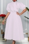 s-3xl summer new plus size 4 colors solid color micro-elastic knotbow puff-sleeve zip-up elegant high quality midi dress_White
