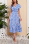 summer new plus size chiffon floral & leaf batch printing micro-elastic v neck nipped waist smocked ruffle swing stylish bohemian holiday midi dress_Blue
